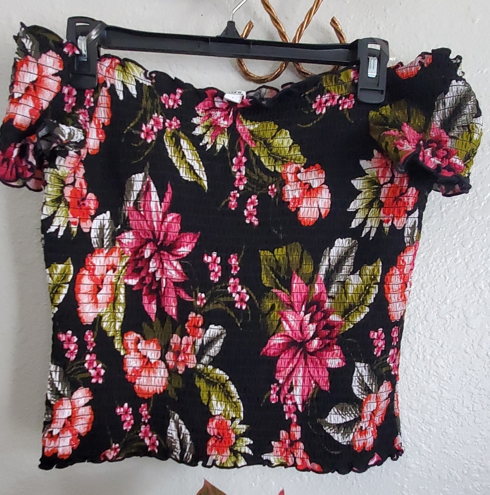 Bar III Black and Pink Floral Off-Shoulder Blouse